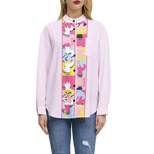 Horse Long Sleeve Button Up Casual Shirt Top
