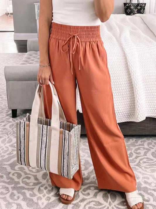 Brown Loose Home Casual Trousers Mid-Waist Solid Color Lace-Up Wide-Leg Pants